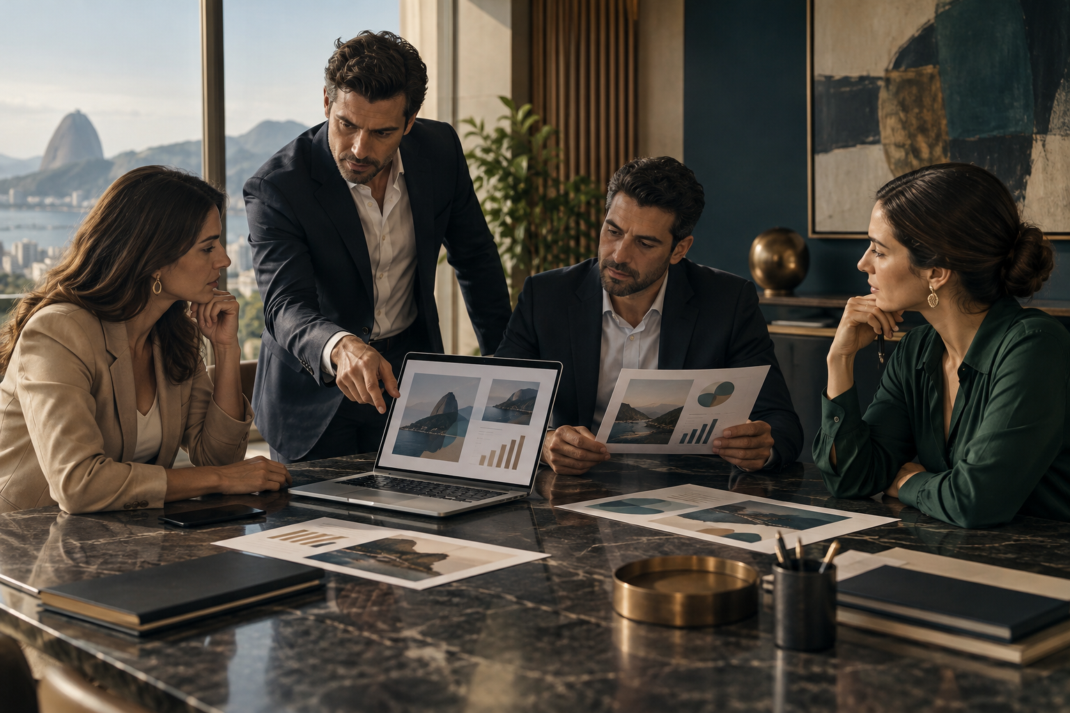Sócios de uma empresa de investimentos revisam materiais de marketing e gráficos em uma mesa de reunião.