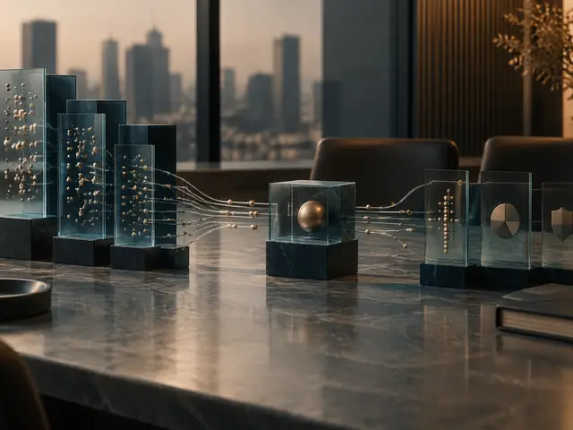 Composição de painéis translúcidos e blocos conectados, representando análise de dados e governança na gestão de FIDCs.